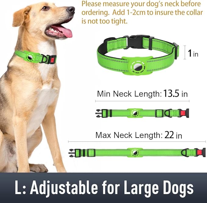 Airtag Dog Collar with AirTag Holder for Large Dogs, Reflective, Soft Padded & Safety Locking Buckle, Nylon Pet Collars Adjustable for All Breeds, Green,L