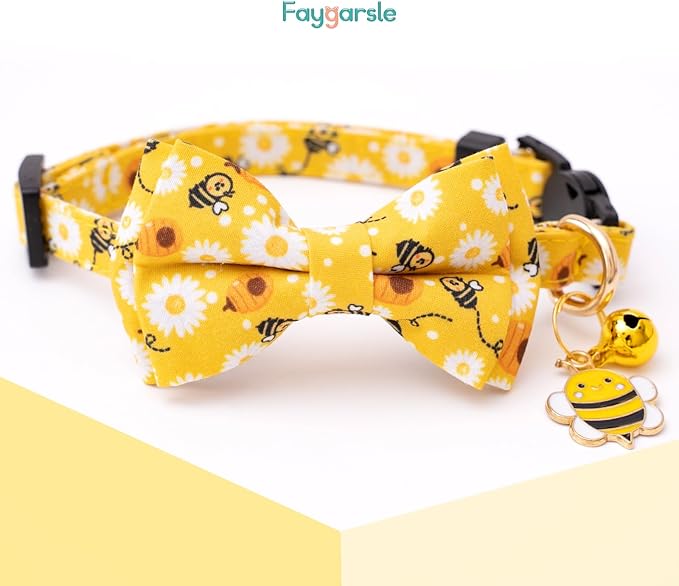 Faygarsle 2 Pack Breakaway Bowtie Cat Collar with Bell for Male Female Cats Soft Fancy Yellow Pink Bee Butterflies Pattern Spring Summer for Boy Girl Cats
