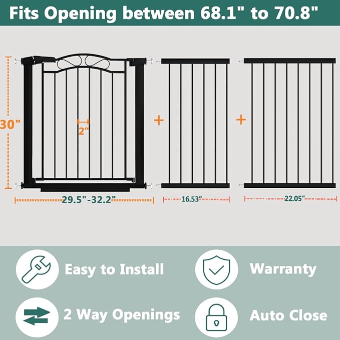 Fairy Baby 68.2"-70.8" Extra Wide Baby Gate with Door, 69 70 Inches Walk THR Baby Gates for Stairs Pressure Mounted no Drill, Indoor Tension Metal Child Pet Dog Safety Gate for Kids, Black