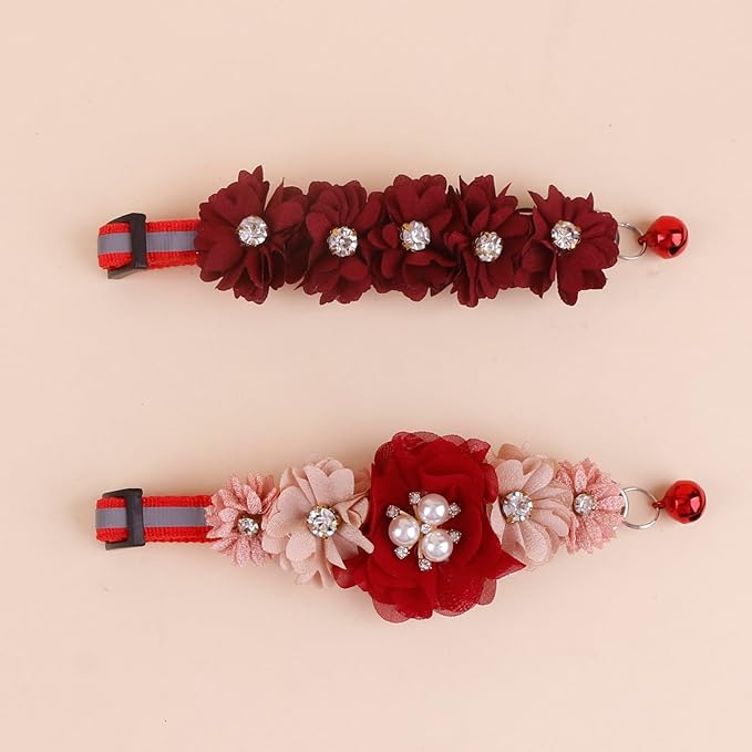 2 Pack Cat Collar Pink Floral with Bell and Removable Flower Bowtie Breakaway Adjustable Cat Collar for Girl Kitten Puppy Small Cats Dogs Daily Decoration (XQ102-3)