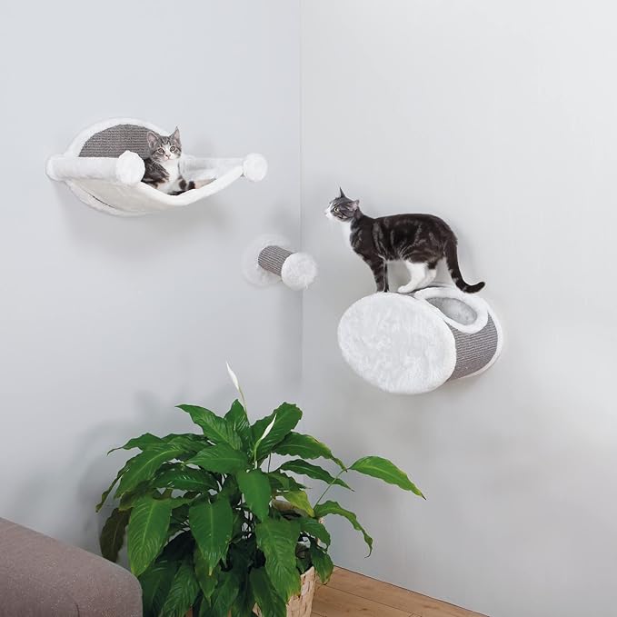 Trixie Liam Wall Mounted Cat Furniture - 3pc Cat Wall Scratcher - Climbing Shelves, Plush & Sisal Covered Condo, Hammock, and Step - Gray