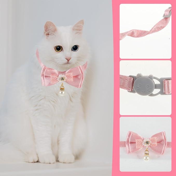 Cat Collar Breakaway, Cat Collar with Pearl Pendant Quick Release Safe Buckle Pink Bowtie Adjustable Baby Kitten Collars Cute Cat Collar for Girl Cat (Style1)
