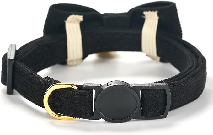 Soft Corduroy Cat Collar, Plaid Pattern, with Bell and Bowtie, Quick Release,Safety Breakaway Clasp, Adjustable for Kitten and Cats.(Black+Brown)