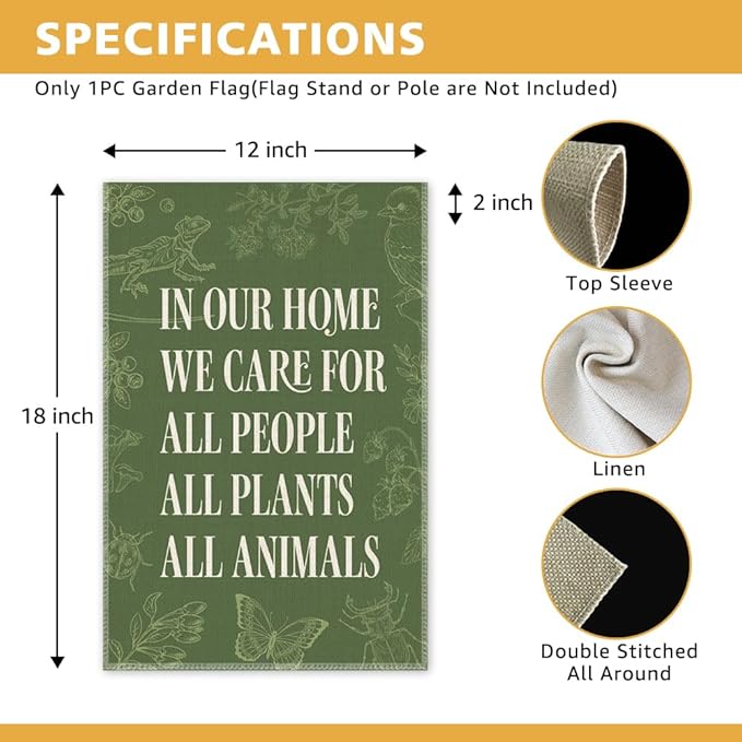In Our Home We Care for All People Plants Animals Garden Flag, Double Sided Yard Outdoor Farmhouse Lawn Porch Decor Banner, Ally Yard Flag, Inclusive Gifts For Family Friend Plant Animal Lover