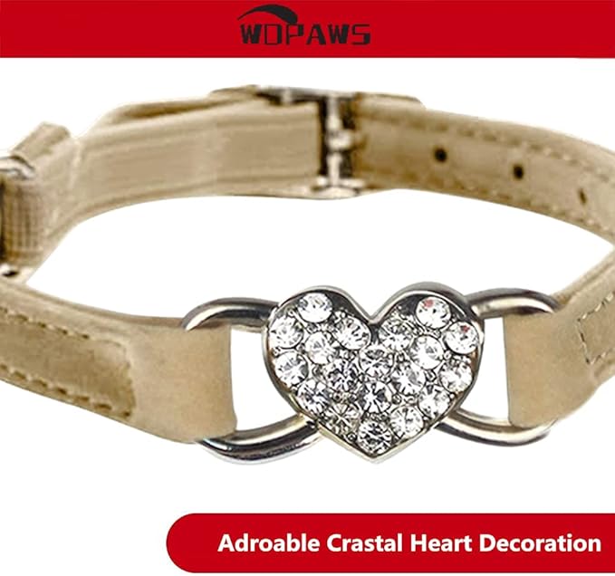 Heart Bling Cat Collar with Safety Belt and Bell Adjustable 8-10 inches for Kitten Cats (Khaki)