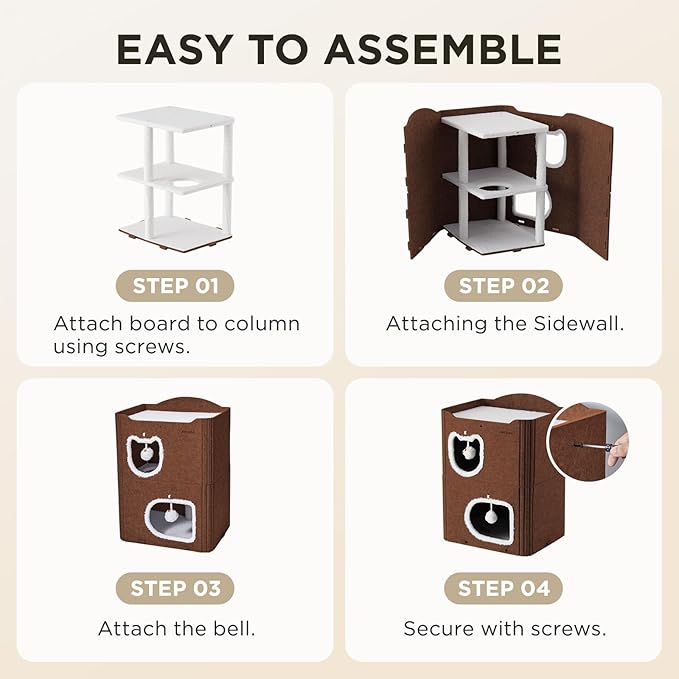Joydeco Cat House for Indoor Cats, 2 Story Scratch Resistant Felt Cat Condo, Hideaway Pet Cave Bed with Fluffy Ball and Tunnel for Kitten, Small Dogs, Rabbits, 17.7 x 13.3 x 24, Coffee