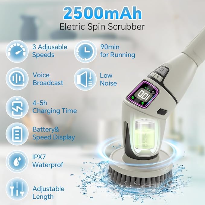 10-in-1 Electric Spin Scrubber for Cleaning, Voice Broadcast Rechargeable Power Scrubber, Aquarium Cleaner, Cordless Shower Cleaner Brush for Tile/Bathtub/Floor/Shoes/Car-Light Gray