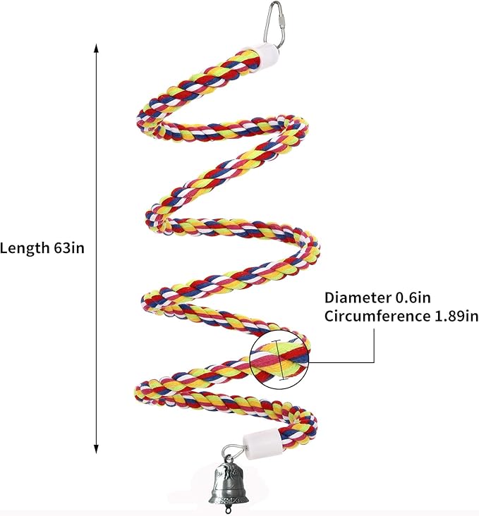 2Pcs 63'' Bird Rope Perches Birdcage Swing Toys 100% Cotton Natural Bird Perch Peck/Chewing with Bell Climbing Standing Bungee Parrot Toys for Small to Regular Size Parrot Cockatiel Birds