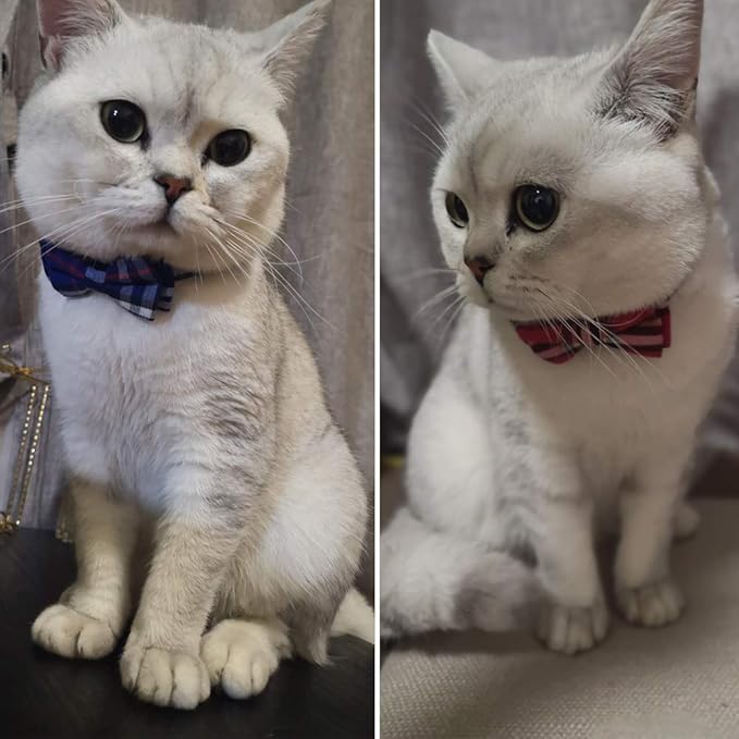 Cat Collar Breakaway with Bell and Bow Tie, Plaid Design Adjustable Safety Kitty Kitten Collars Set of 2 PCS(6.8-10.8in) (Red&Blue Plaid)