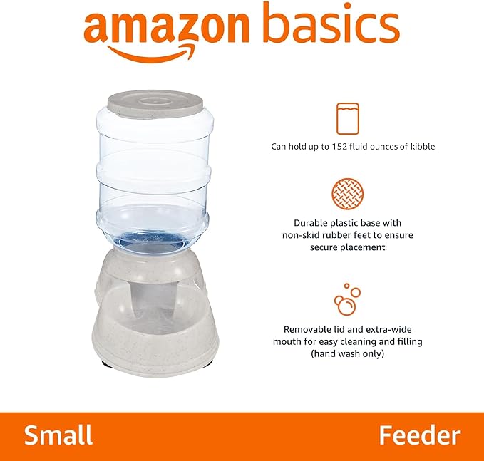 Amazon Basics Gravity Pet Food Feeder for Dogs and Cats, Easy to Clean, Easy to Fill, Removable Lid, 6-Pound Capacity, Small, Gray