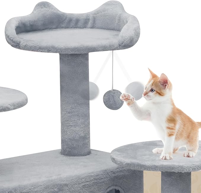 Athena Collection Cat Tree, 62 Inch Cat Tree Tower for Indoor Cats, Multi-Level Cat Tower House Activity Center with 2 Cat Condo & Scratching Post & Dangling Ball, Tall Cat Climbing Tower, LightGray
