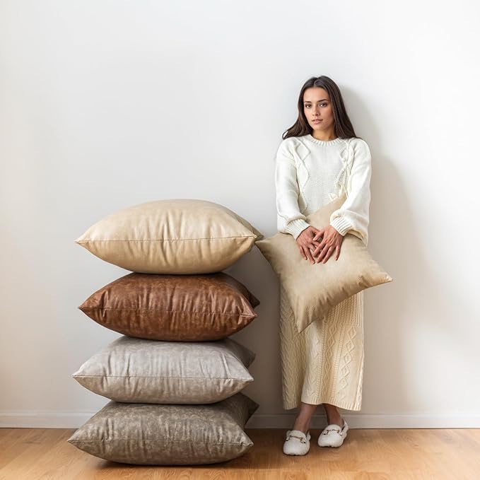 Pack of 4 Neutral Decorative Faux Leather Throw Pillow Covers 20x20 inch, Soft Modern Boho Luxury Waterproof Floor Cushion Cases, for Outdoor Lounge Sofa Couch Bed Home Decor