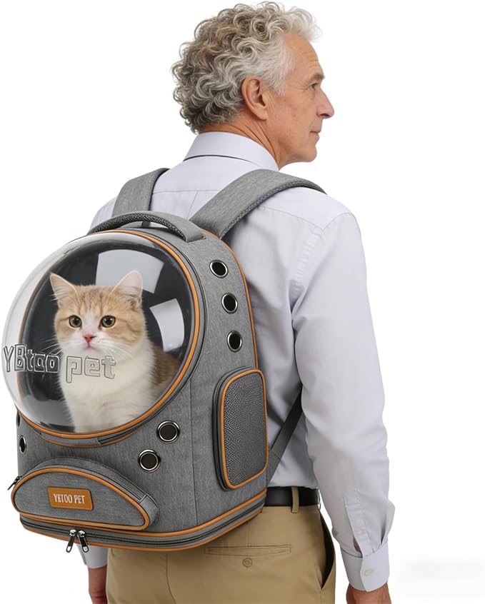 Cat Backpack Carrier, Breathable Cat Carrier Large Space Bubble Pet Backpack for Small Dog and Large cat up to 18lbs, Transparent & Foldable Pet Carrier for Travel Hiking (Grey)