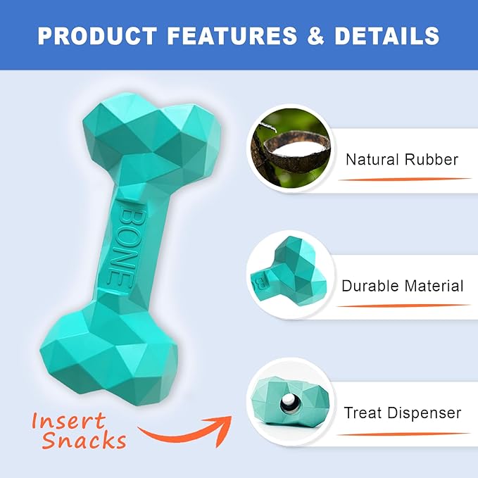 NOOVIA Durable Dog Chew Toy Rubber Bone 100% Natural Bite-Resistant Interactive Pet Toys for Dogs, Diamond Texture Modern Geometric Design (Lake Green, Small)