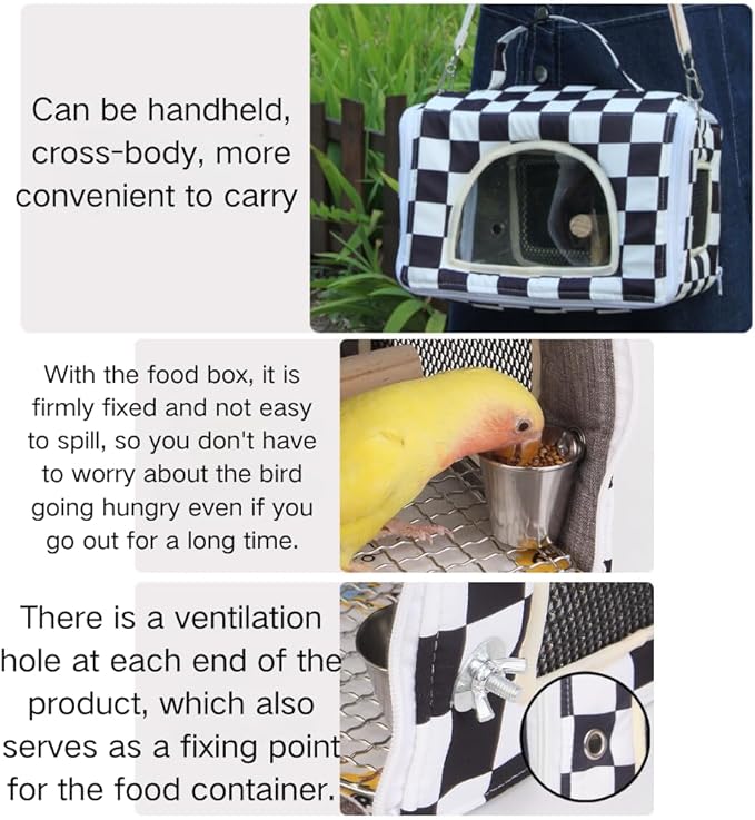 Bird Travel Carrier with Perch Parakeet Carriers with Net, Pad Mat, Feeder Portable Pet Carrier Bag for Bird Transparent Travel Carrier Cage for Budgie Conure Cockatiel (Black and White)