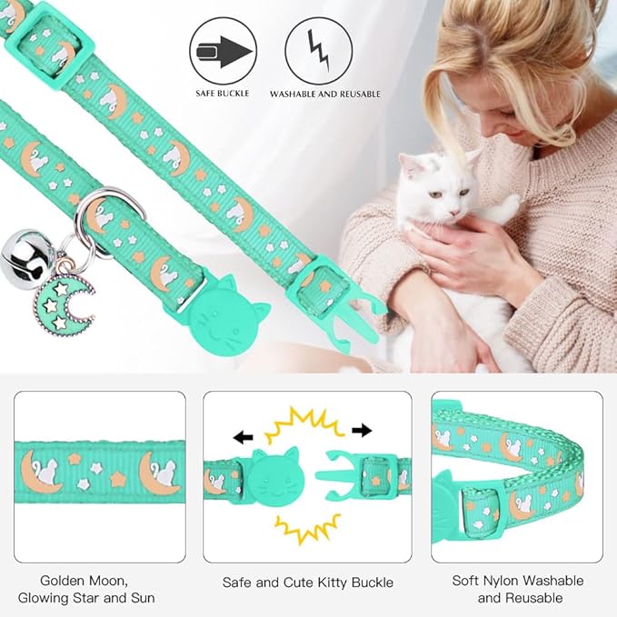 2Pcs Breakaway Cats Collars Cat Collars for Boy & Girl Cats Adjustable Kitten Collars with Bell,Pink+Teal,8"-13.1"