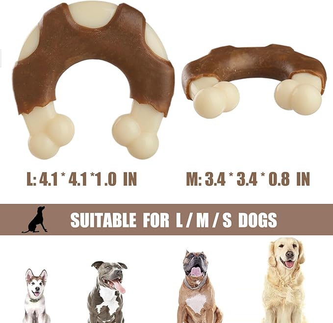 Durable Nylon Dog Bones, 2 Pack Dog Toys for Aggressive Chewers, Beef-Flavored U-Shaped Bone Chew Toys for Largel/Medium/Small Dogs, Teething and Boredom Relief