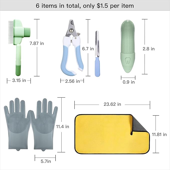 Cat&Dog Grooming Kit-6PCS for Cat Flea Comb, Dog Brush For Shedding,Pet Nail Clippers For Dogs,Pet Grooming Gloves, Dog Finger Toothbrush & Dog Bath Towel- Perfect Cat Grooming Supplies