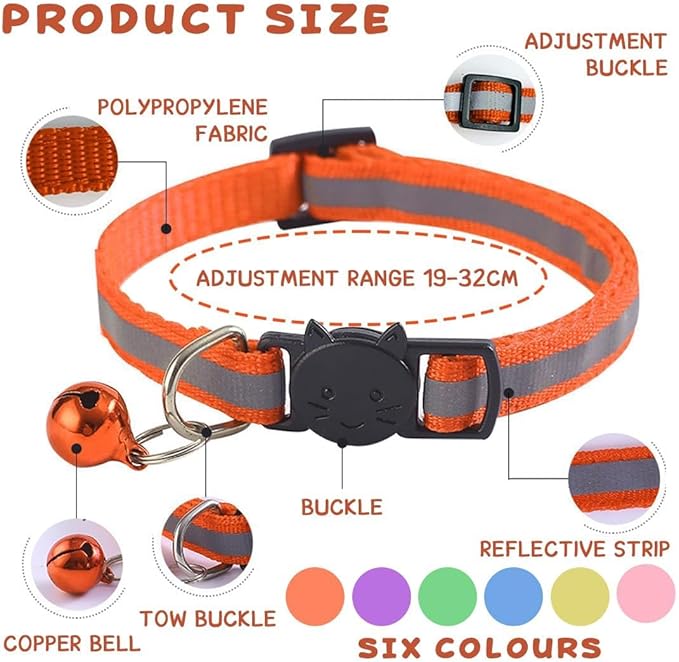6-Pack Reflective Cat Collars with Bell – Breakaway Safety Nylon Kitten Collars, Adjustable Pet Collars with Charming Bells, Mixed Colors in one Package.
