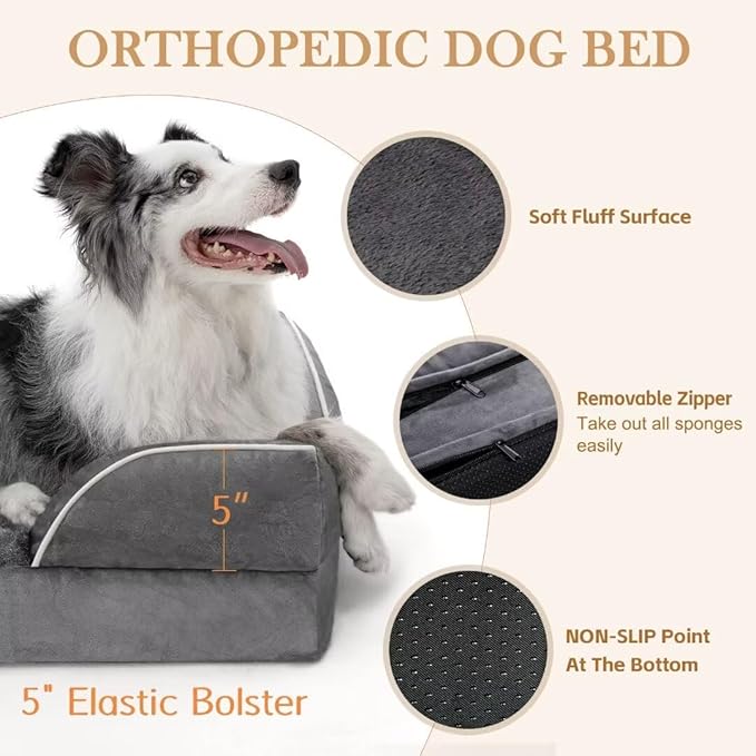 Comfort Expression Orthopedic Dog Bed for Extra Large Dogs 45x35 Inch, Waterproof Supportive Memory Foam XL Pet Bed with Removable Bolster, Dog Couch with Washable Cover & Non-Slip Bottom, Leaden Grey