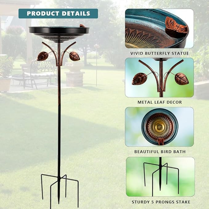 DREAMSOUL 38 Inch Bird Bath with 5 Prongs Stake, Vintage Bird Bath for Outside, Garden Metal Birdbath Stake for Yard Lawn Decor