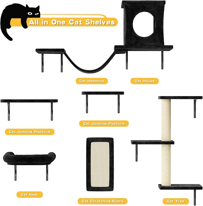 NUNU LAB Wall Mounted Cat Furniture Set - 6 Pcs Climber Set with House, Bridge, Steps, Scratcher Board - DIY Walls Playground, Indoor Cat Shelves - Black