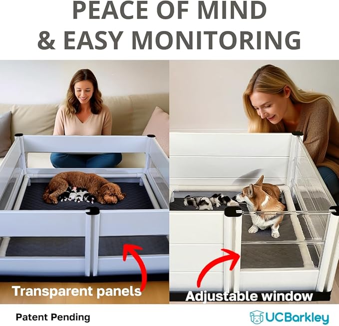 Whelping Box for Dogs and Puppies with Clear Window Panel – Modular, Easy-Clean, Safe Design with Pig Rail, Floor Liner & Washable Pad | UC Barkley Premium 48 Inch