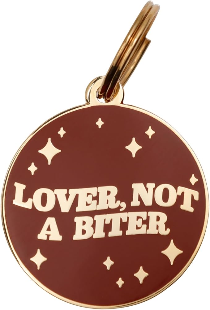Two Tails Pet Company Personalized 'Lover Not a Biter' Pet ID Tag & Collar Charm - Custom Engraved Dog Tags for Pets - Luxury Brass, Gold Plating