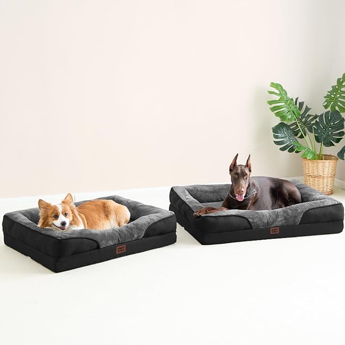 EHEYCIGA Orthopedic Dog Bed for Medium Dog, 35x22x6.5 Inch Memory Foam Dog Couch Bed with Sides, Waterproof Liner & Washable Removable Cover, Bolster Pet Sofa, Grey/Black