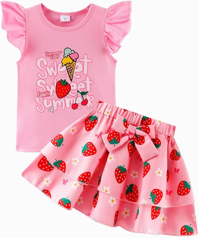 Girls Skirt Set 2 Piece Outfit Toddler Summer Clothes Ruffle Sleeve T-Shirt Bow Knot Tutu Skirt Outfit Set