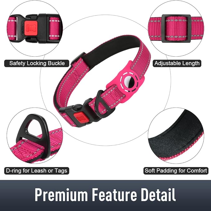 Airtag Dog Collar with AirTag Holder for Large Dogs, Reflective, Soft Padded & Safety Locking Buckle, Nylon Pet Collars Adjustable for All Breeds, Hotpink,L