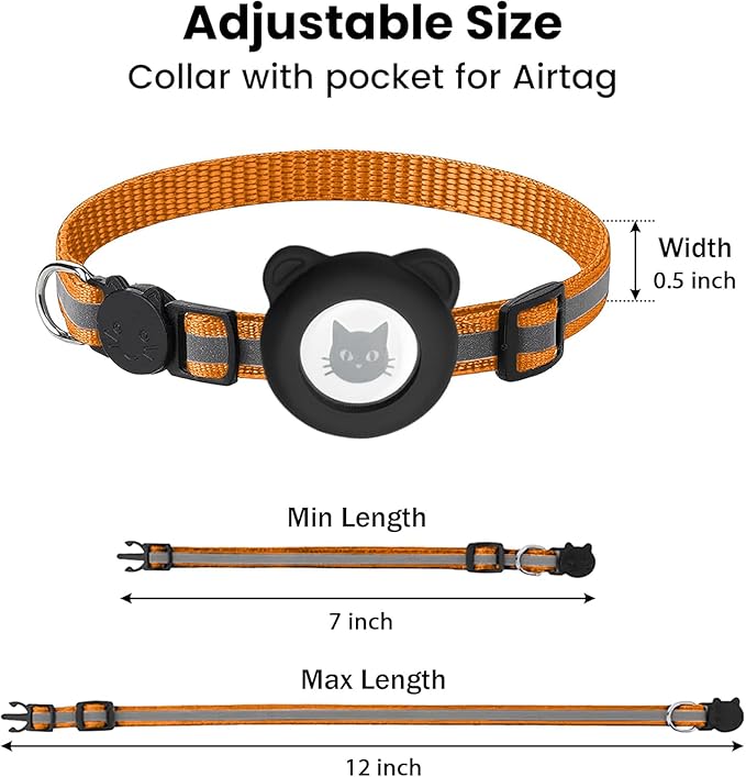 Cat Collar with AirTag Holders, 3-Pack, Reflective Breakaway Safety Collars, Bells and Matching Charms, Adjustable, Paw Hearts, Moon Stars Design, Lucky Charm, Red, Blue, Black (Orange)