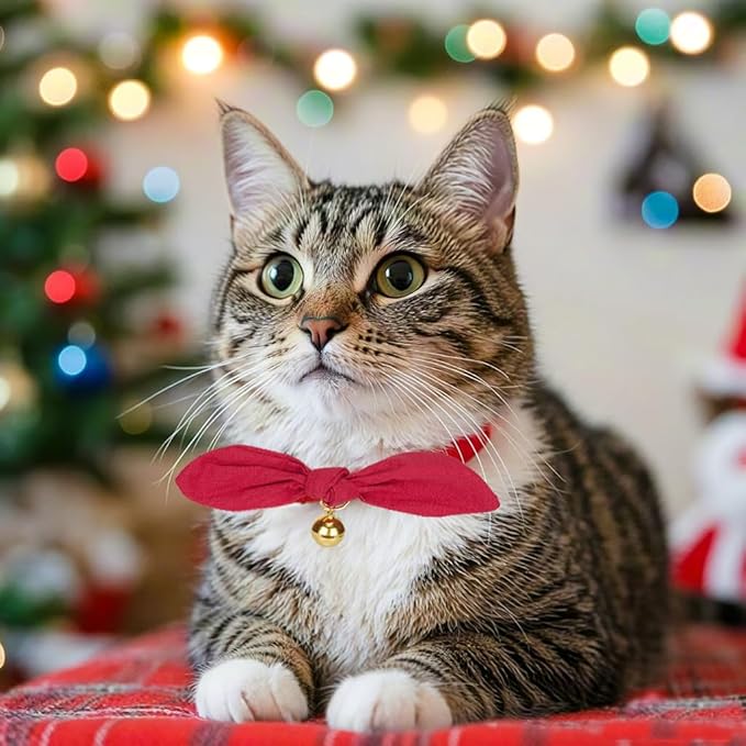 Bunny Ear Cat Collar with Bell and Bow Tie, Breakaway Cute Bowtie Kitten Collars(Red)