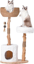 Cat Tree Tower with Two Real Branches, 44 INCH Wood Modern Cat Tower with Luxury Cat Condo, Cat Scratching Post, Jumping Platforms, Cat Furniture (Short Plush)