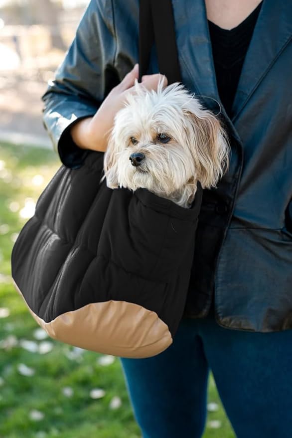 Plush Dog Purse Carrier for Small Dogs, Soft Dog Tote Bag with Safety Harness Clip, Cozy Pet Carrier for Dogs Under 15 lbs, Comfortable Dog Shoulder Carrier for Travel, Black