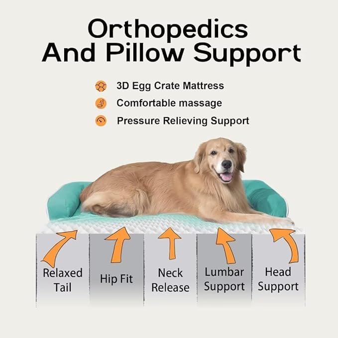 Orthopedic Washable Large Dog Bed, Dog Beds with Removable Cover, Large X XL Pet with Bolster, Washable Aqua Blue Sofa with Orthopedic Egg Foam for Medium Large Dogs
