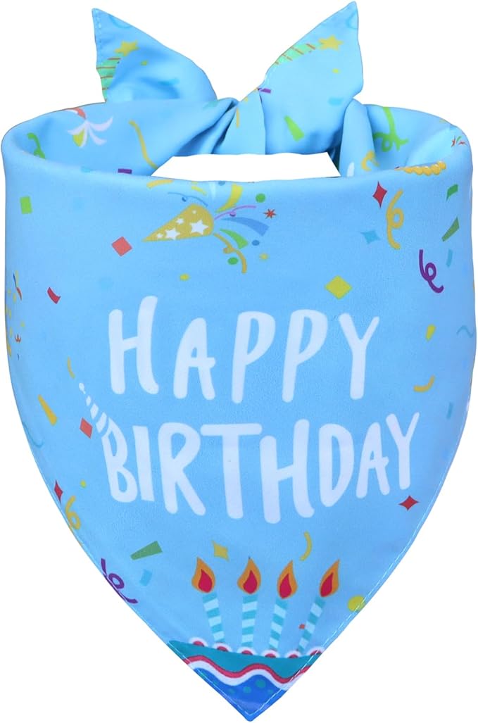 Dog Birthday Bandana Boy for Medium Large Dogs, Reversible 2 Patterns in 1, Blue Confetti Scarf, Happy Birthday Party Outfit Puppy Gift (14-18" Neck)