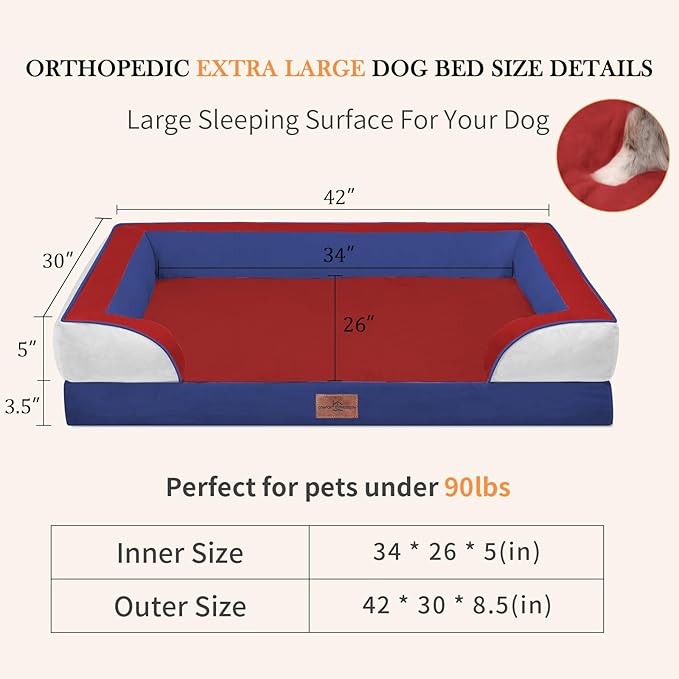 Comfort Expression Orthopedic Dog Bed for Extra Large Dogs 42x30 Inch, Waterproof Egg Crate Foam XL Pet Bed with Removable Bolsters, Dog Couch with Washable Cover & Non-Slip Bottom, American Flag 2