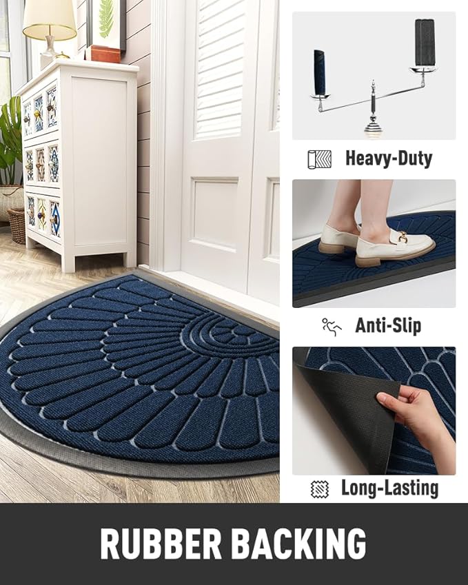 tchdio Door Mat Outdoor Indoor Entrance Doormat-Semicircular Durable Rubber Non Slip Front Door Mat for Outside Inside Entry Entryway Dirt Trapper WelcomeMat for Muddy Paws and Shoes-Blue 24”x47”