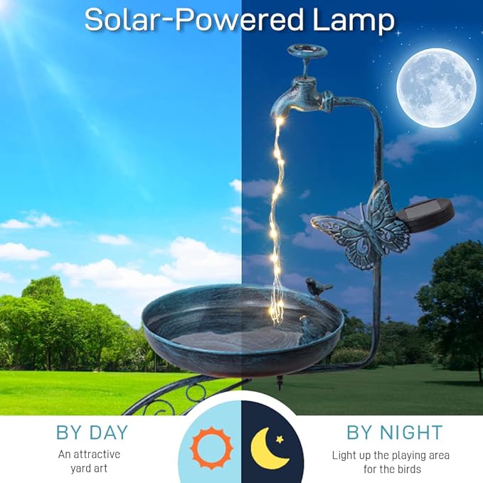 VEWOGARDEN Vintage Solar Bird Bath for Outside Garden with Planter, Outdoor Metal Standing Birdbath for Garden Yard Patio Decoration, Blue