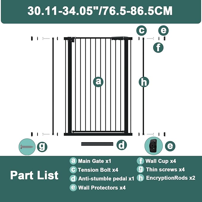 40.55" Tall, 30.11-34.05 Inch Wide, 1.37" Ultra Narrow Spacing Dog Pet Baby Gate Indoor for Doorway Hallway, Pressure Mounted 31 32 33 34 Inches Wide Black
