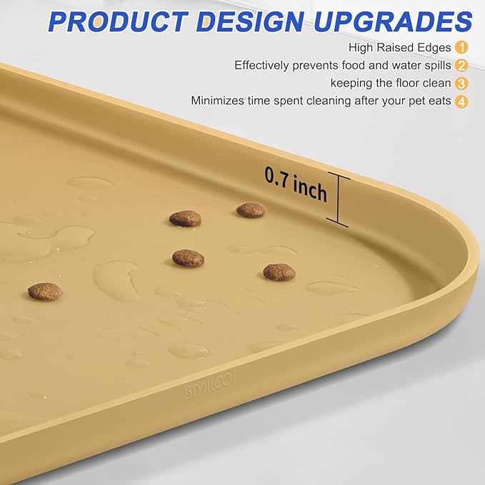 Silicone Pet Feeding Mat with Raised Edge for Food and Water, Dog Bowl Mats, Cat Bowls Placemat with High Lip for Floor Waterproof, Rubber Tray for Cats and Dogs 19 x 12 x0.7 Dark Beige