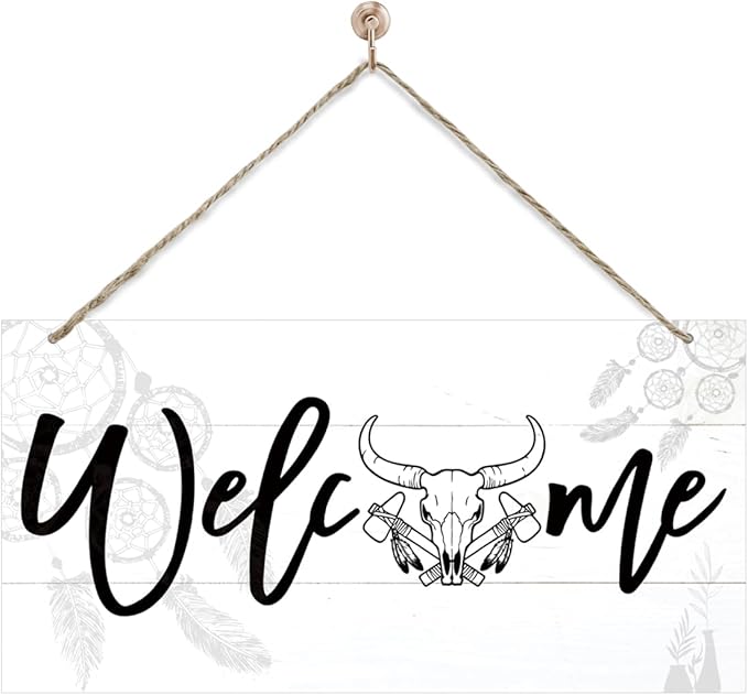 Welcome Sign for Front Door, Welcome Decor Wooden Hanging Sign, Unique Western and Bohemian style Wall Hanging Decor, Funny Wooden Outdoor Front Door Decoration 13.8X6.9 inches