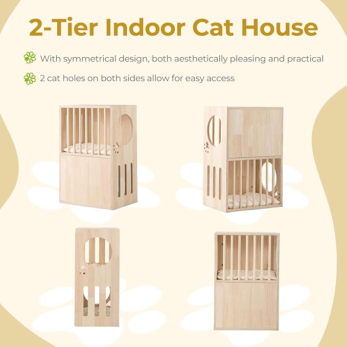 Tangkula 2-Tier Luxury Wood Cat House, Wooden Kitten Cage Condo with 2 Washable Plush Cushions, 2 Access Holes, Indoor Pet Playpen Cat Catio End Side Table Nightstand, Ventilated Cat Bed Furniture