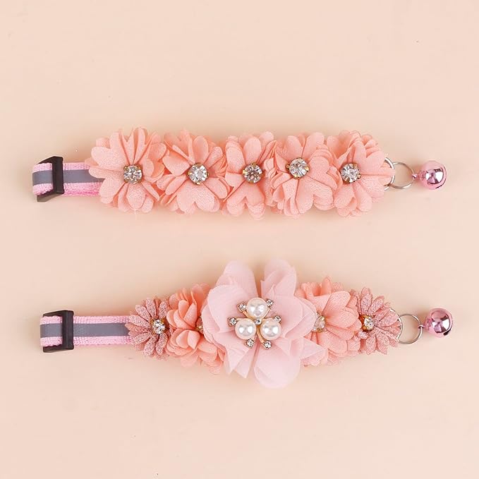 2 Pack Cat Collar Pink Floral with Bell and Removable Flower Bowtie Breakaway Adjustable Cat Collar for Girl Kitten Puppy Small Cats Dogs Daily Decoration (XQ102-2)