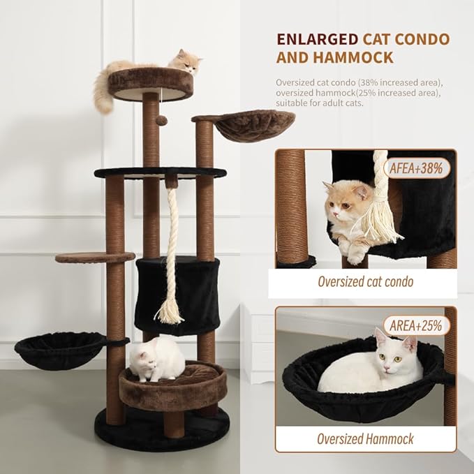 64 in Heavy Duty Cat Tree, Cat Tower for Indoor Large Cats, Multi-Level Cat Furniture with Sisal Scratching Post, Hammock Extra-Large Platform & Condo (Brown)