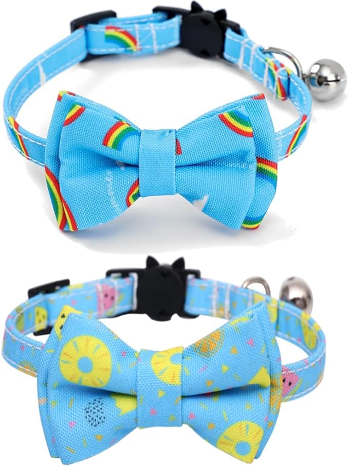 2-Pack Breakaway Cat Collars with Removable Double-Layer Bow Tie and Bell for Boy and Girl Cats Safety Kitten Collars Suitable for Festivals and Daily. (Rainbow)