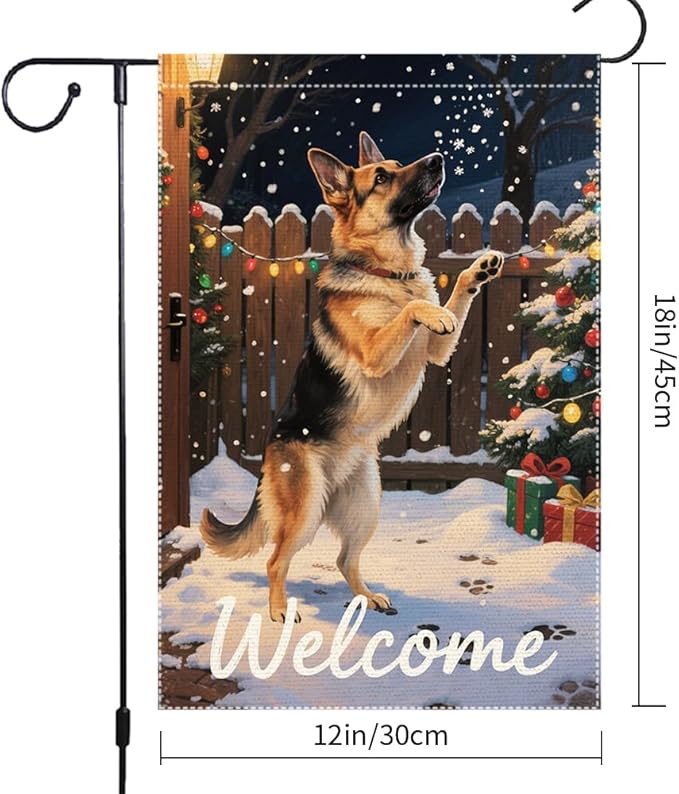 German Shepherd Welcome Garden Flag 12x18 Inch Double Sided Winter Christmas Burlap Yard Banner Outdoor Dog Lover Holiday Seasonal Decor for Home