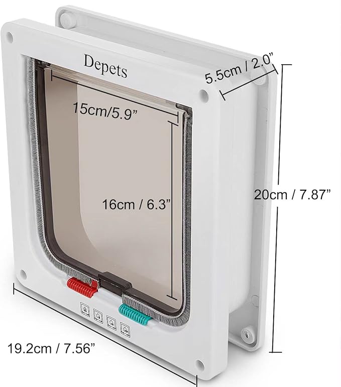 Depets Medium Cat Flap Door with 4 Way Lock (Outer Size 7.5" x 7.8"), Magnetic Pet Door Kit White, Weather-Resistant Cat Door for Cats & Doggy