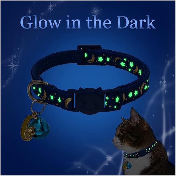 KOOLTAIL Cat Collar Breakaway with Bells - 6 Pack Glow in The Dark - Stars & Moon Charm Pendent Pet Reflective Collars Ideal for Kitten Cats Puppy